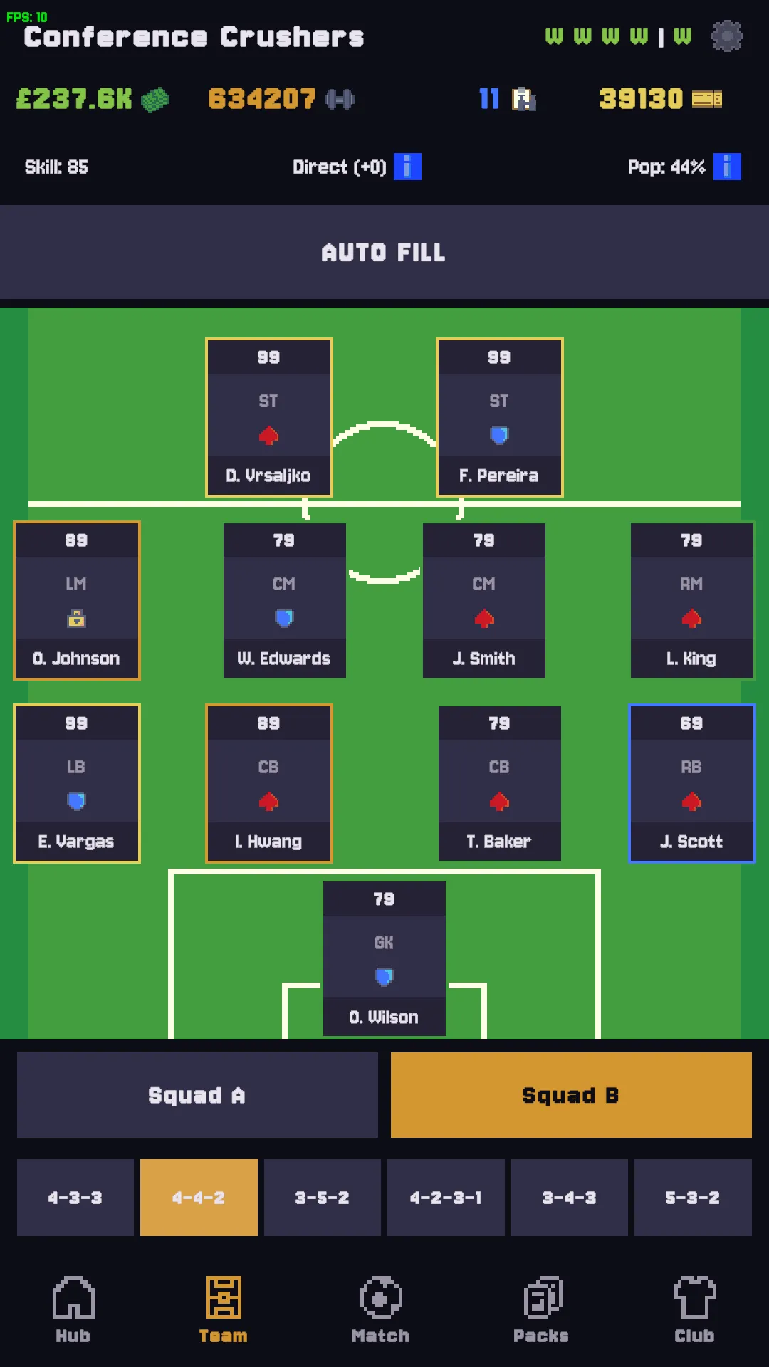 Pocket XI &mdash; squad screen with 4-4-2 formation